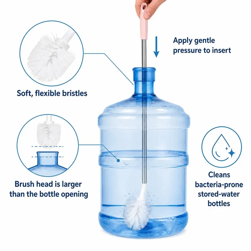 5-gallon water tank cleaning brush, 2-pack bucket brush, water bottle brush, extra long water bottle cleaning brush, water bottle brush, Carboy brush. Bristles flexand compressto .ApplyGentlePressureto InsertPush downslowly andgentlytoinsert brush.