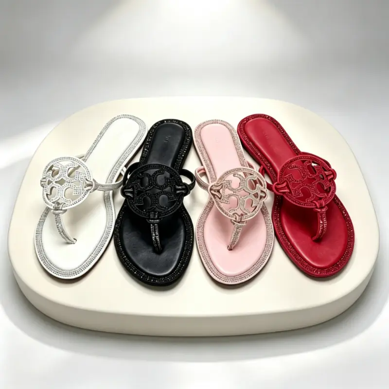Multi Tone Sparkly Rhinestone Cutout Thong Flat Sandals Women Summer Beach Casual Slip On Flip Flops Keywords: crystal decor slide sandals, lightweight vacation flat footwear