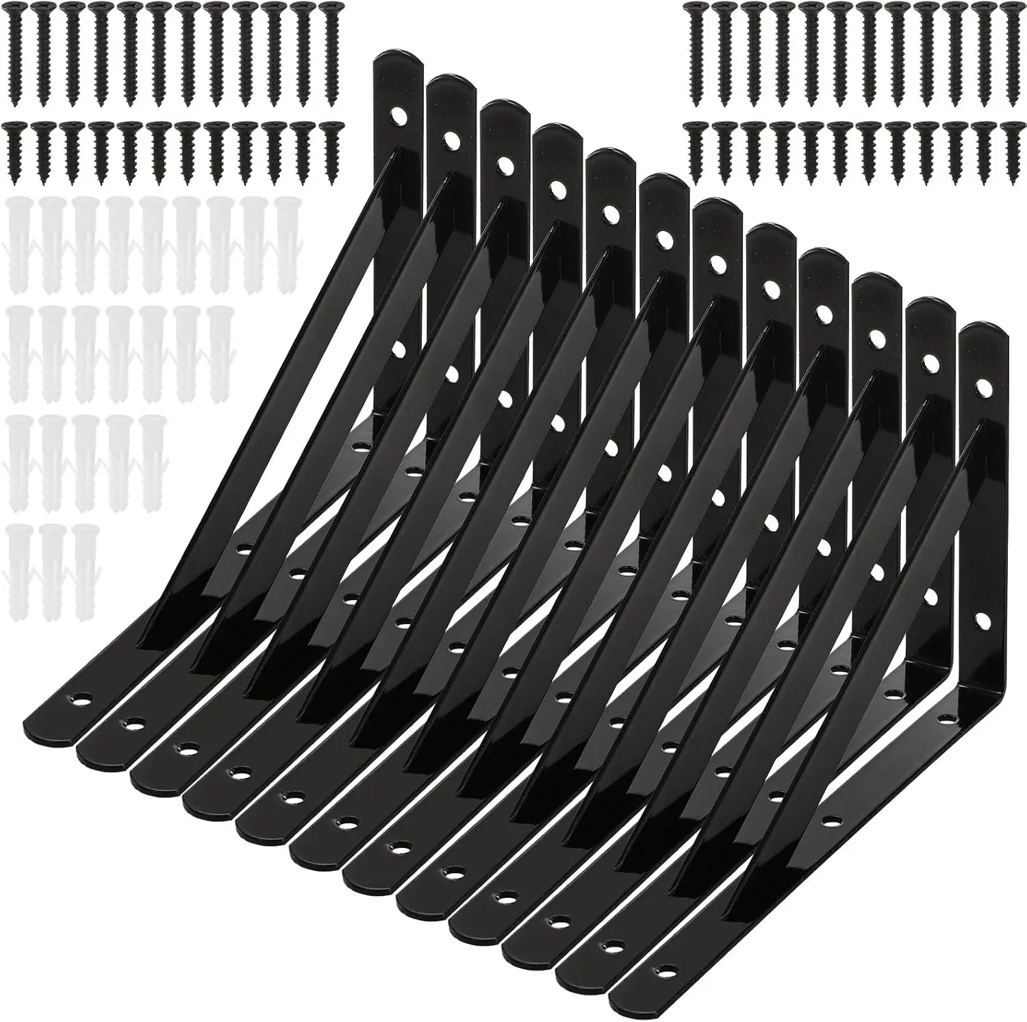 12-Pack Heavy-Duty Steel Angle Brackets, 8 in x 5 in Durable Wall-Mount Black Metal Shelf Supports