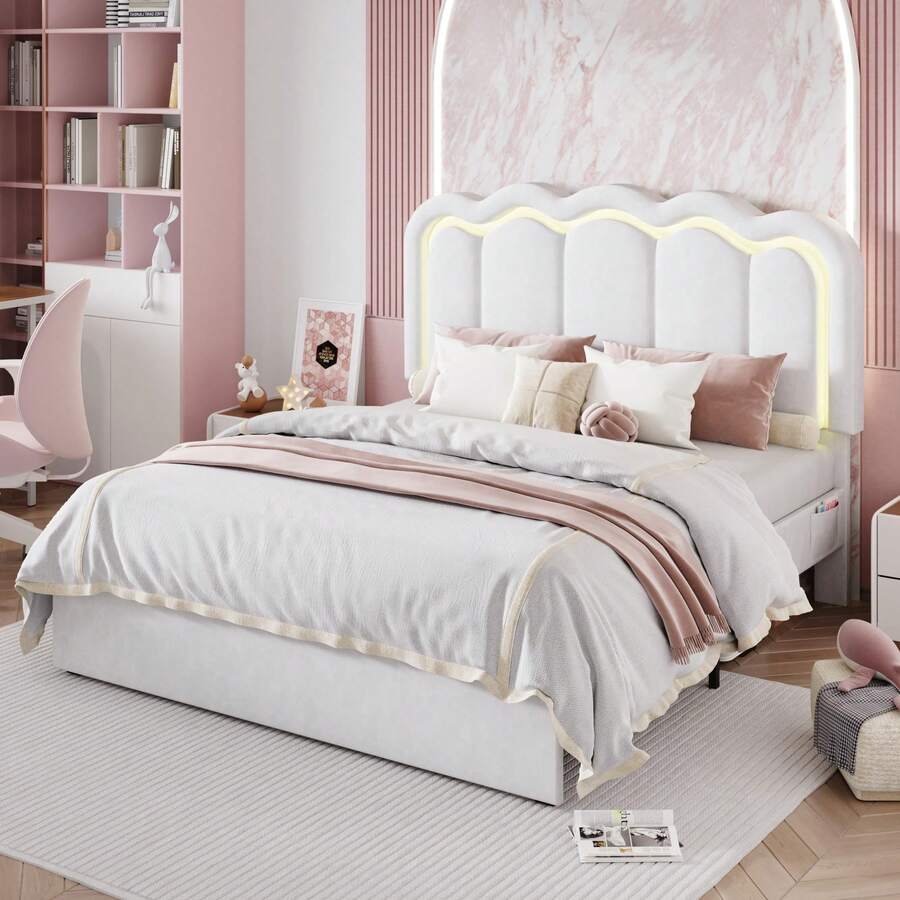 LED Light Bed Frame with Adjustable Wavy Velvet Headboard, Noise-Free Wooden Slat Support, No Box Spring Required, Easy Assembly, Twin/Full/Queen Sizes, Black Bedroom Furniture LED Light Bed Frame with Adjustable Wavy Velvet Headboard, Noise-Free Wooden Slat Support, No Box Spring Required, Easy Assembly, Twin/Full/Queen Sizes, Black Bedroom Furniture