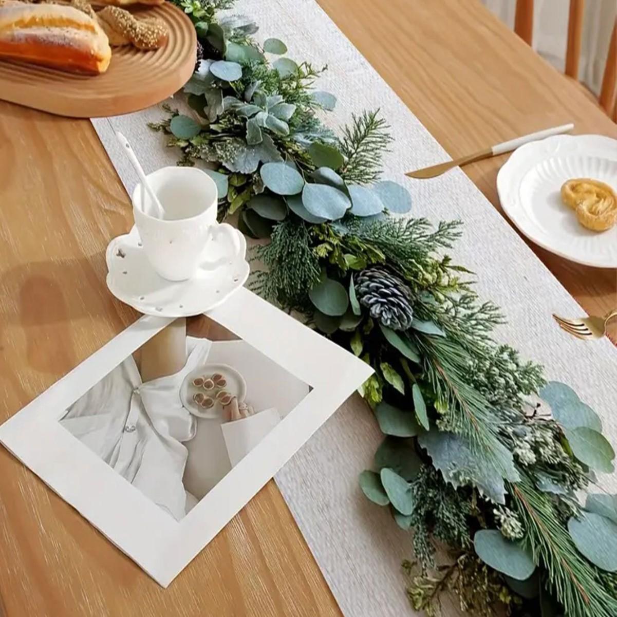 1pc Christmas Decoration Restaurant Pine Branch Table Runner Christmas Kitchen Dining Table Decoration Runner
