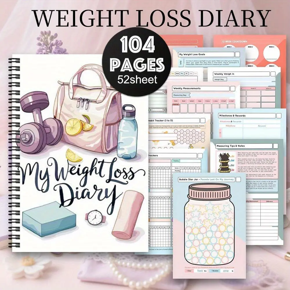 Fitness Weight Loss Progress Journal, Diet & Exercise Habit Tracker Log Book, Weekly Weight Monitoring Planner, 104 Pages Nutrition Workout Diary for Women Men