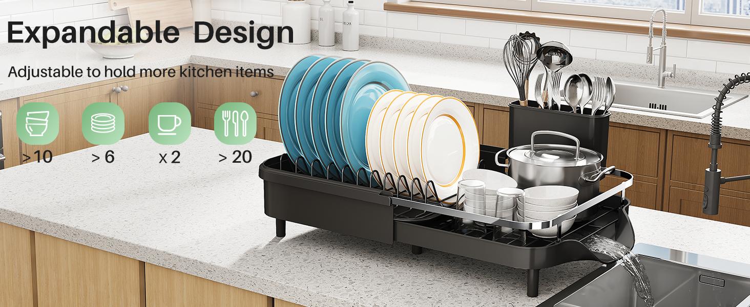 Dish Drying Rack, Expandable Dish Rack for Kitchen Counter, Stainless Steel Dish Drainer with Drainboard Set and Utensil Holder (Black) Dish Drying Rack, Expandable Dish Rack for Kitchen Counter, Stainless Steel Dish Drainer with Drainboard Set and Utensil Holder (Black)