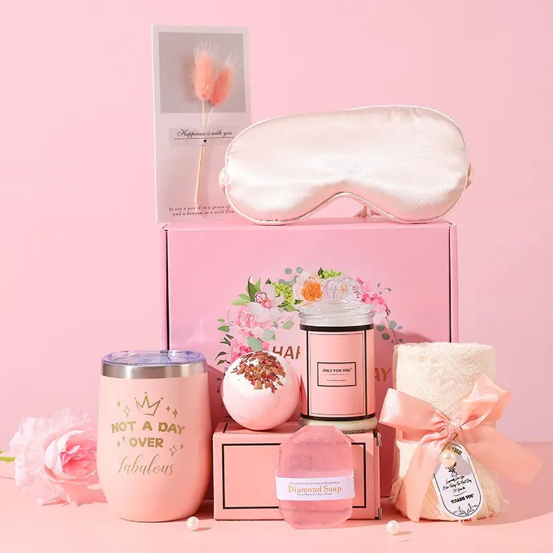 1 Set Pink Spa Self Care Cozy Gift Box Set, including insulated tumbler, silk eye mask, scented candle, bath bomb, gemstone soap, towel and greeting card, gift for women's birthdays and holidays