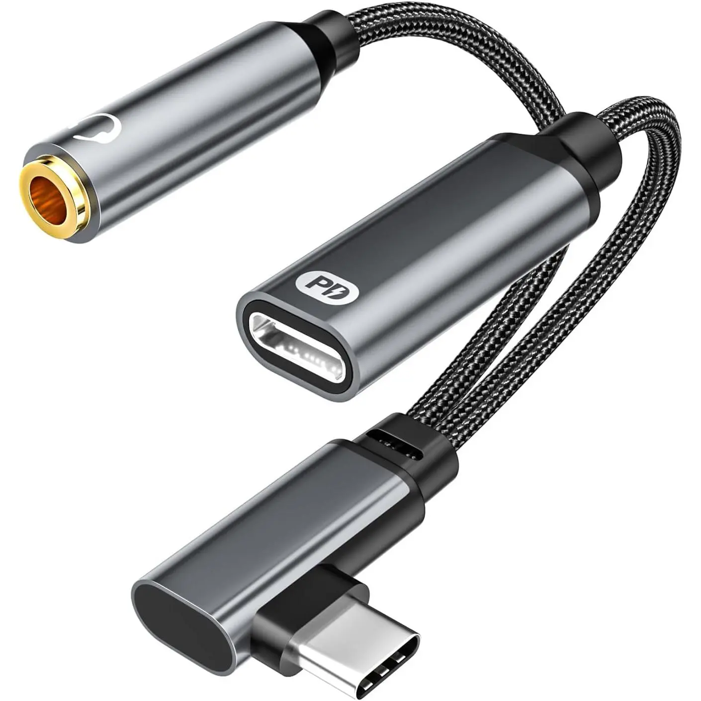 90  Right Angle USB C to 3.5mm Audio and Charger Adapter | Type C to Aux Headphone Jack Dongle  Cord with PD 60W
