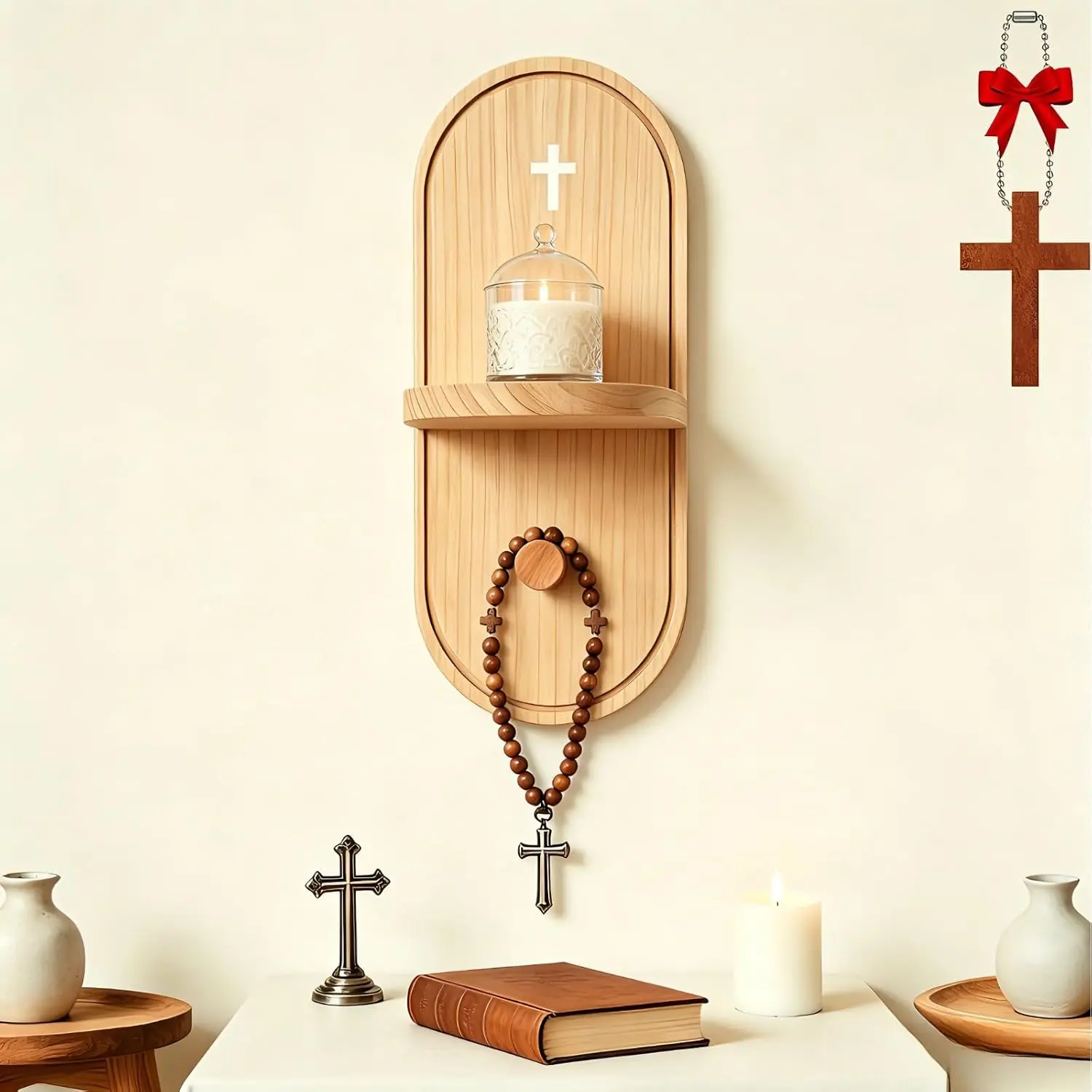 Prayer Shelf, Wooden Wall Mounted Rosary Holder with  Detail and Candle Space, Compact Prayer Display Shelf for Bedroom Entryway and Daily at