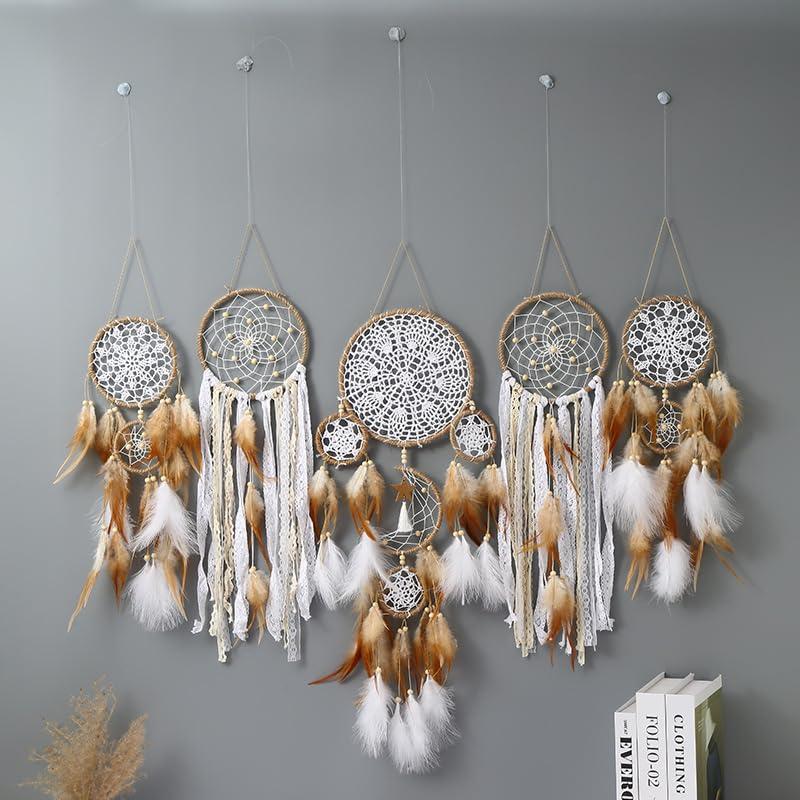 Boho Style Dream Catcher, 5 Counts/set Moon & Sun Feather Design Hanging Dream Catcher, Wall Hanging Decor, Art Wall Decoration for Home Living Room Bedroom