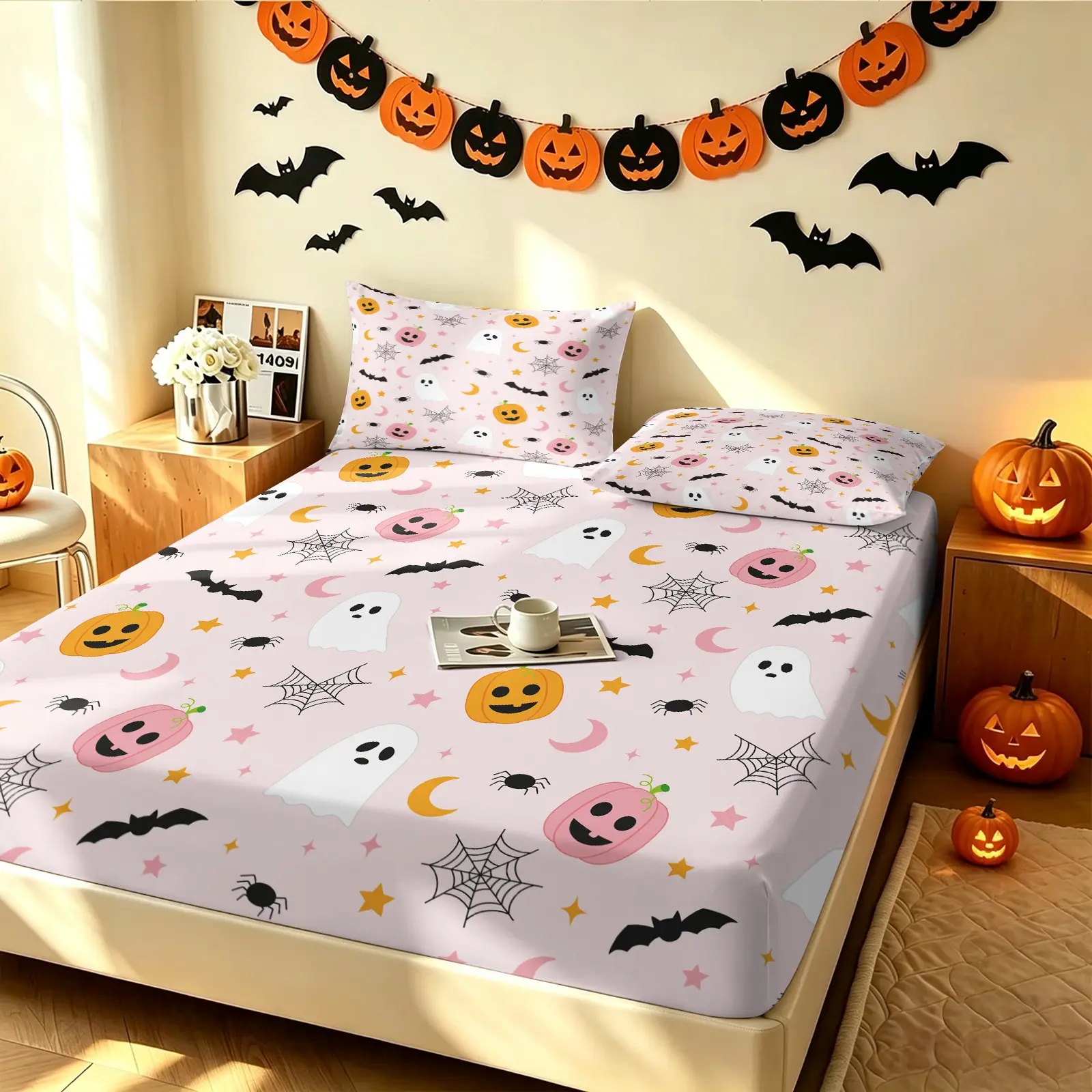 Pink Halloween Fitted Sheet Queen Size, Black Bat Spider‑Web Bedding Sets 3Pcs for Teen Girls Women Dorm Room Decor, Ghost Pumpkin Star Moon Bed Sheets Cute Halloween Deep Pocket Sheet