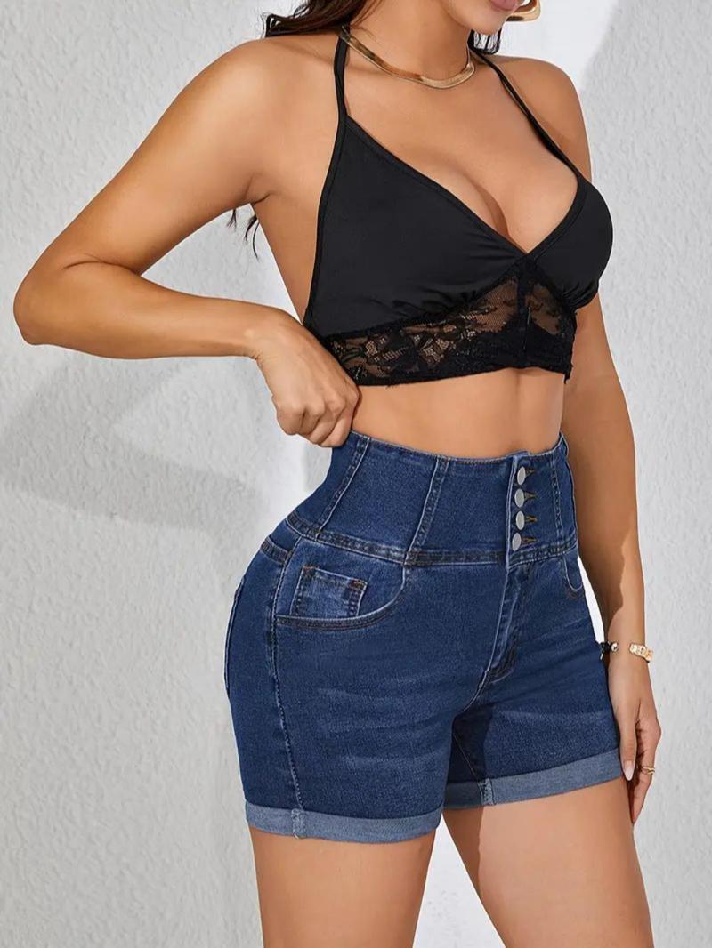 Women's High Waist Denim Shorts, Casual Comfy Button Fly Skinny Shorts for Daily Wear, Ladies Bottoms for All Seasons