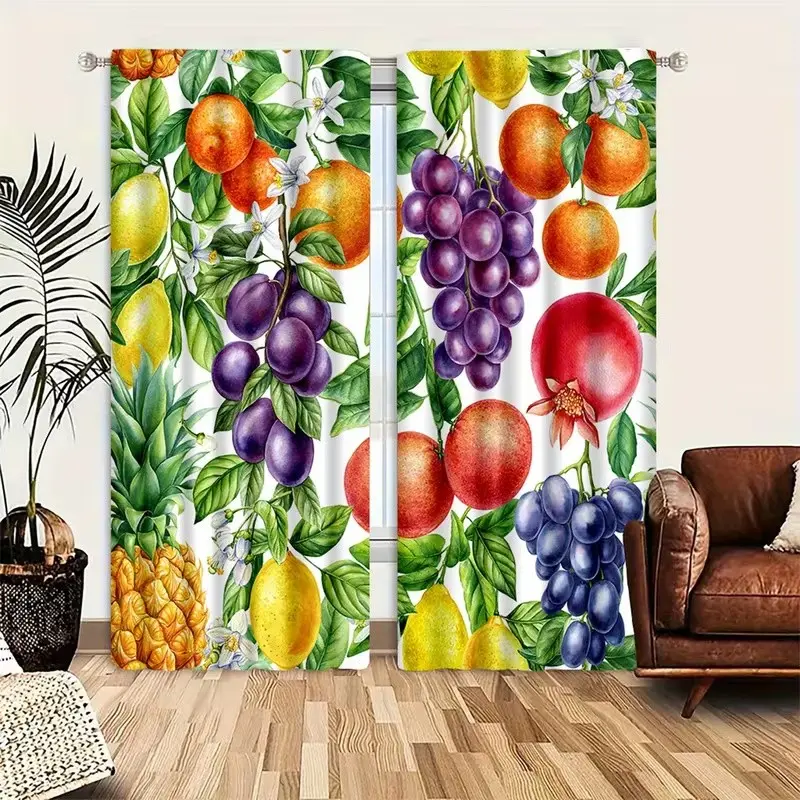 2 Piece Polyester Fruit Theme Curtains, Apple Grape Tropical Pattern Rod Pocket, Bedroom and Living Room Decor, Drapes for Home Decoration