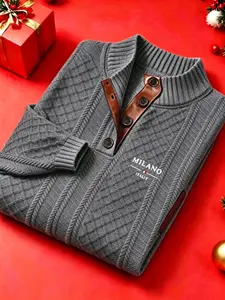 Men's Christmas gift letter printed stand collar button jacquard long sleeve knitted sweater, half open front autumn and winter men's daily wear top, regular casual comfortable sweater, outdoor shopping, party, dating men must have. Men's gift.