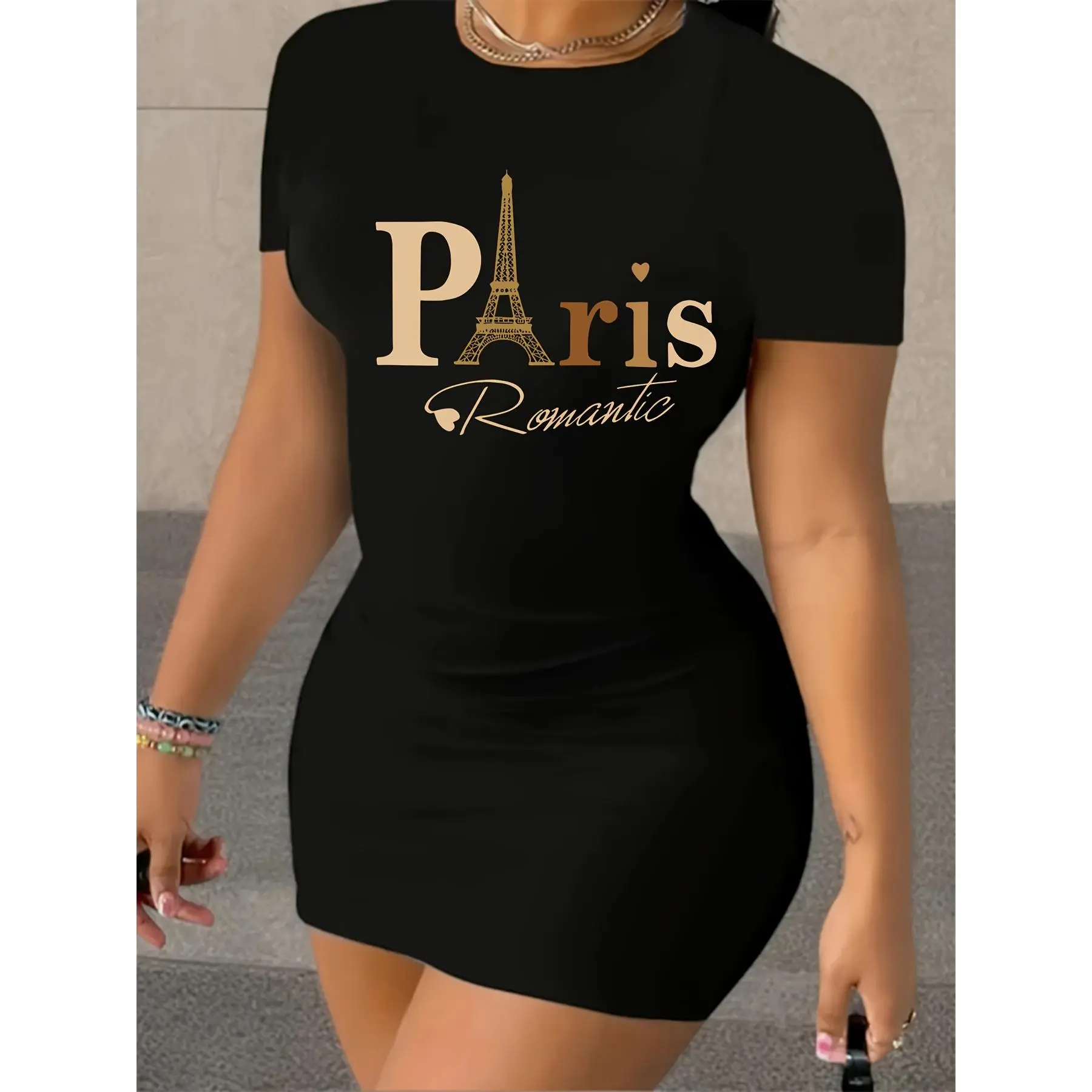 Women's Eiffel Tower Print Short Dress - Short Sleeve Round Neck French Landmark Dress, Machine Washable - Short Dress for Travel & Casual Attire (Non-) - Women's Fashion Suitable for Paris Outfits