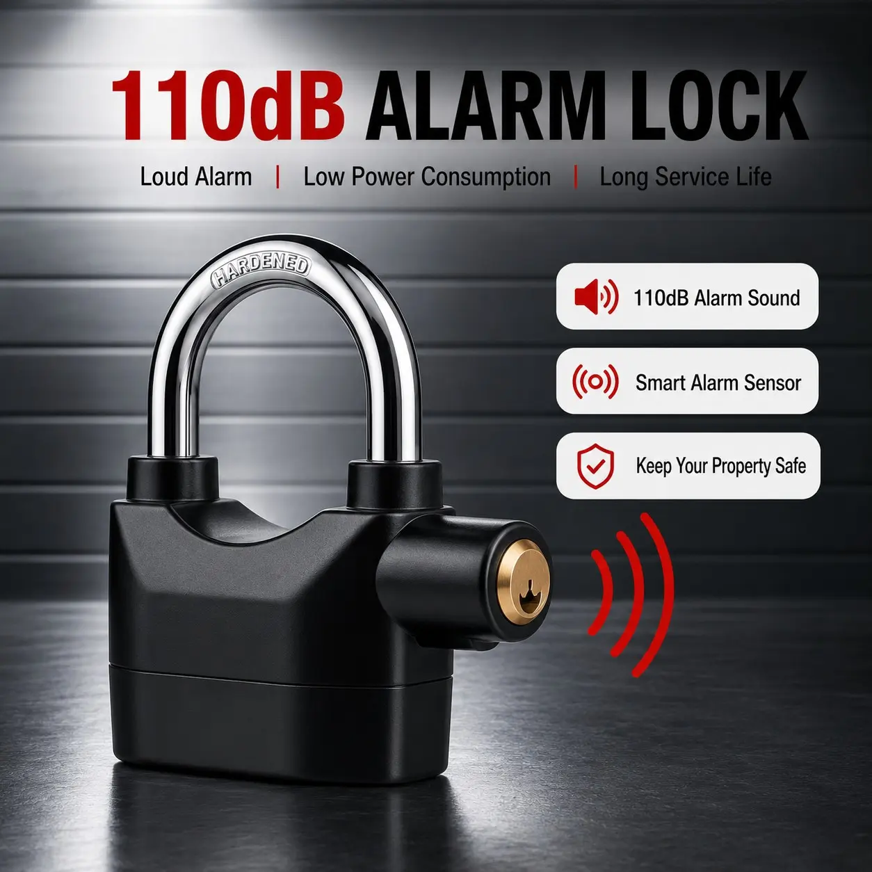110dB Loud Alarm Padlock with 3 Keys, Heavy Duty Outdoor Stainless Steel Hanging Lock for Garage Doors, Fence Gates, Tool Boxes, Sheds and Storage Units