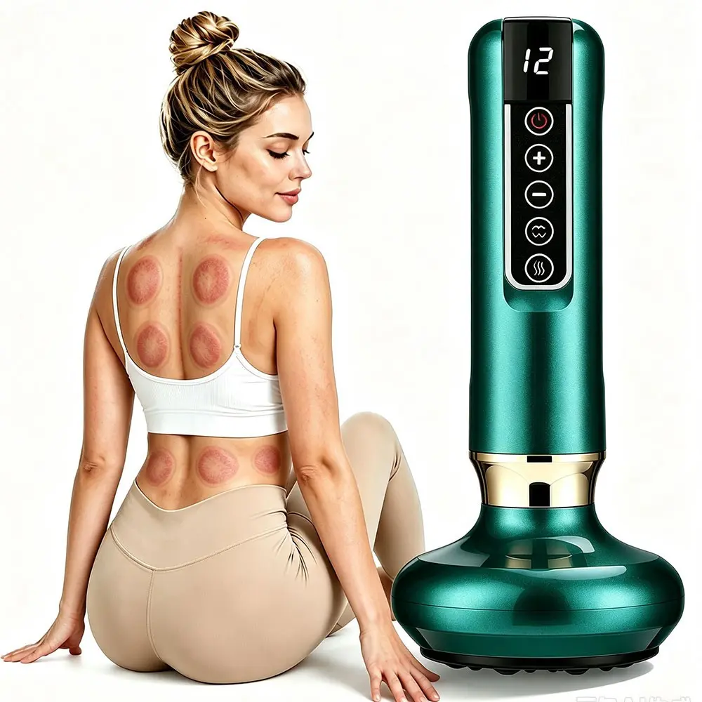 Electric Cupping Massager, Smart Vacuum Gua Sha Device with Red Light Warm Compress, 12 Adjustable Suction Levels, Rechargeable Cordless Body Sculpting Massage Tool for Neck Back Leg Home Use