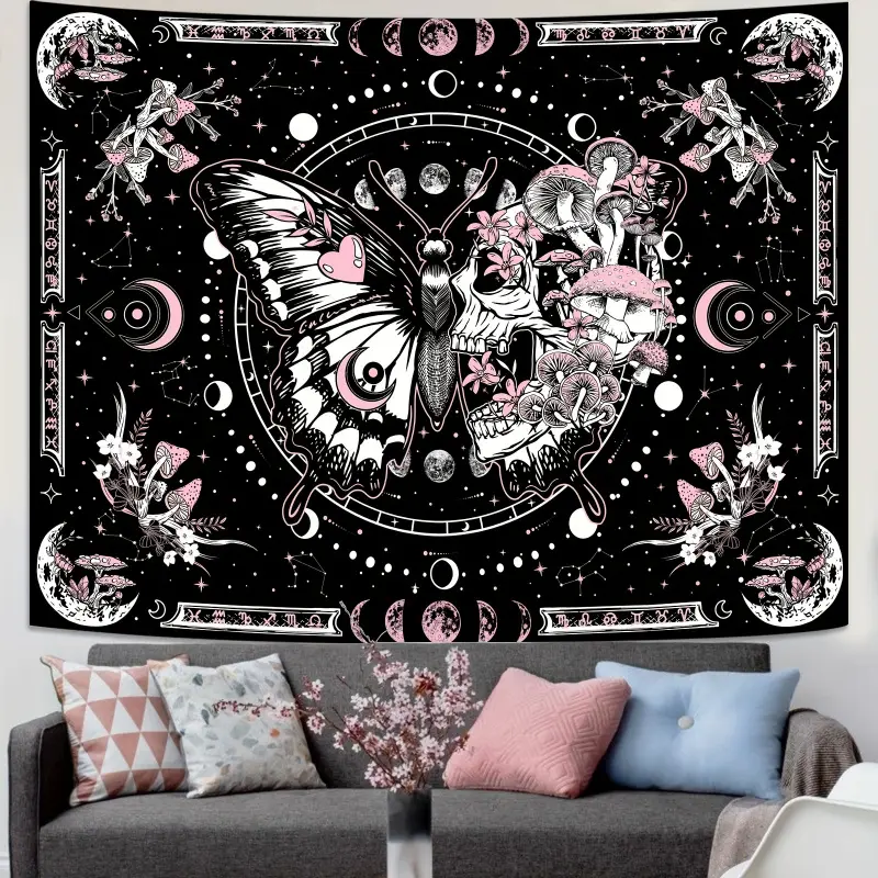 1 Piece Synthetic Pink Skull Butterfly Tapestry - Neon,Nature,Bohemian,Sun,Hippie Mushroom,Moon Phase,Whimsigoth,Boho Decor,Witchy Celestial Goth - Fantasy Aesthetic Wall Hanging for Bedroom - Bonfire Ceremony Home Gift, Home Inspo