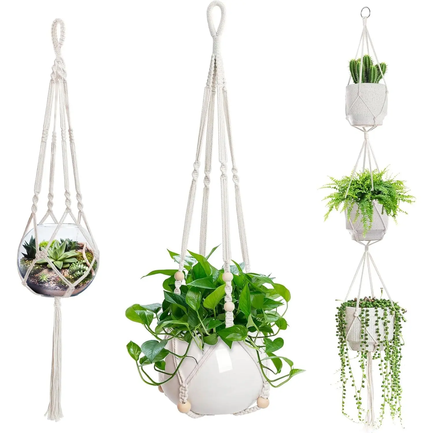 3 PCS Macrame Plant Hanger Indoor Hanging Planter Basket with Wood Beads Plants Holder Decorative Flower Pot Holder (POTS NOT Included) (Ivory White)