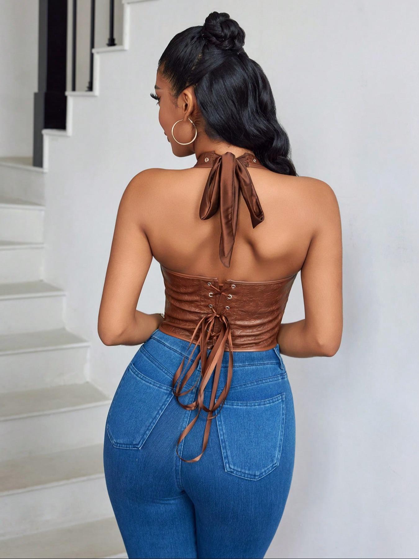 26 Valentine's Day Women's Solid Halter Sleeveless Top, Fashion Casual Top for Daily Wear, Women's Clothing for All Seasons, Plunge Neck Top