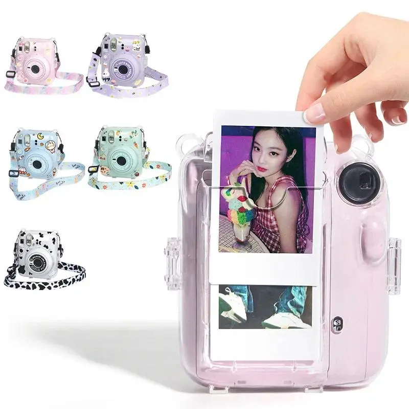 For Fujifilm Instax Mini 12 Transparent Camera Case Protective Carry Bag Cover with Shoulder Strap Storage Bag with Cute Sticker