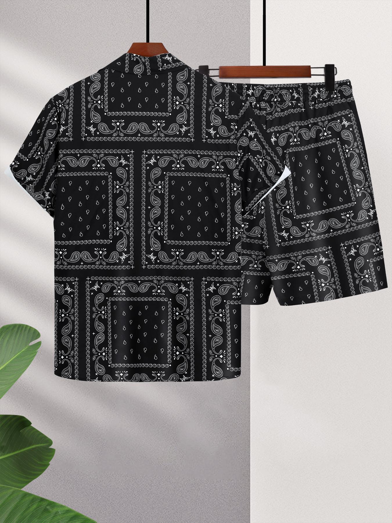 Men's All Over Print Short Sleeve Shirt & Shorts Two-piece Set, Casual Button Collar Top & Drawstring Waist Shorts, Men's Summer Clothes, Casual Outfit Set