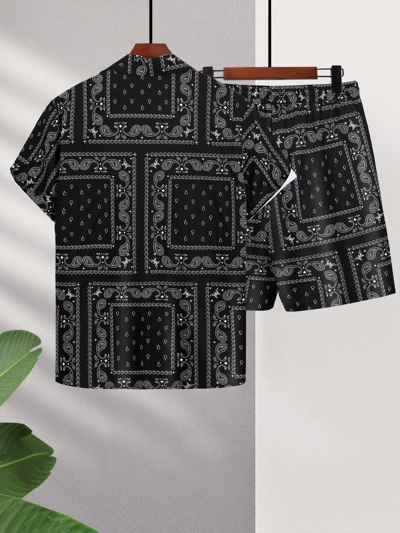 Men's All Over Print Short Sleeve Shirt & Shorts Two-piece Set, Casual Button Collar Top & Drawstring Waist Shorts, Men's Summer Clothes, Casual Outfit Set