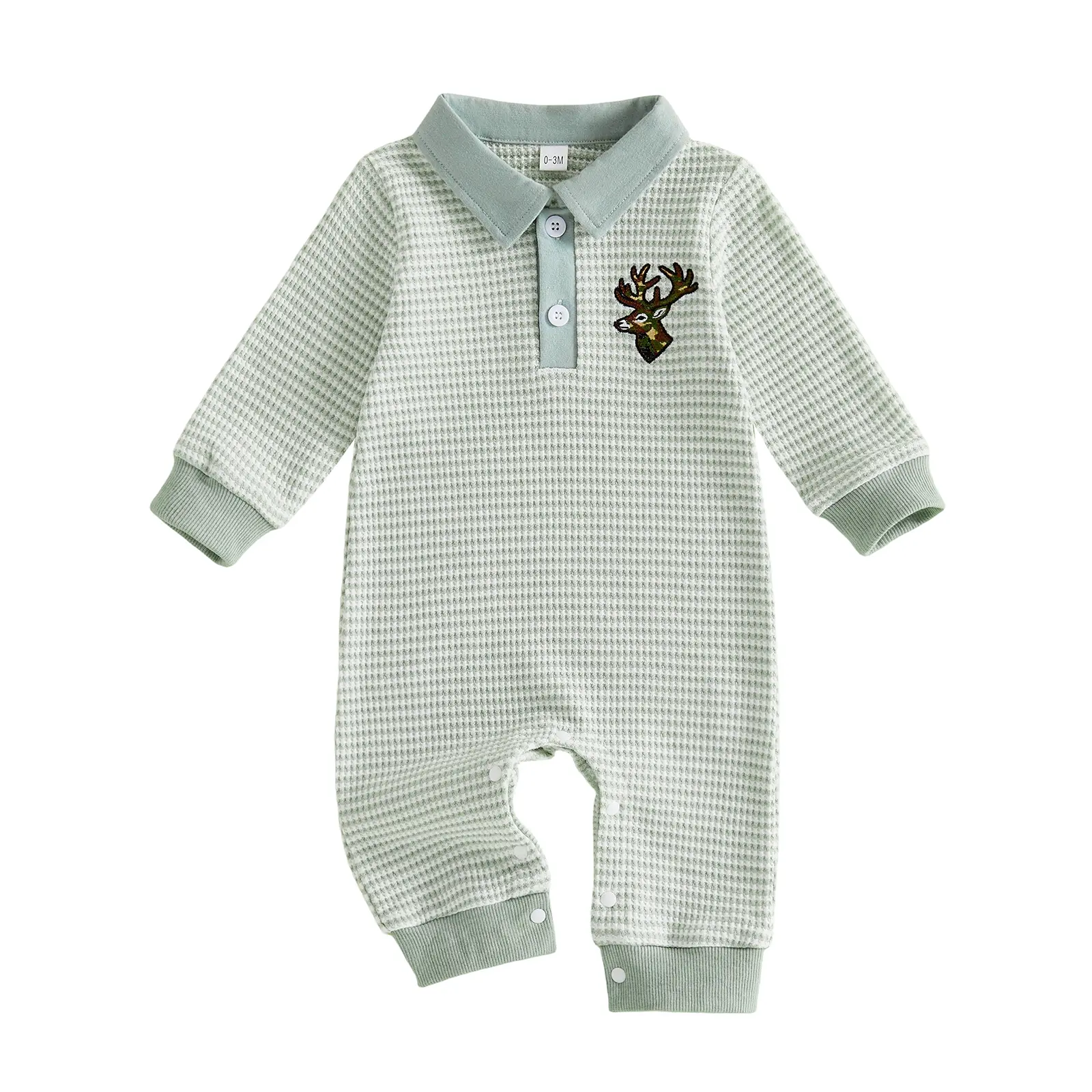 FOCUSNORM Newborn Baby Boys Fish Embroidery Waffle Knit Romper Polo Collar Long Sleeve Button Closure Baby Outfit 0‑18M