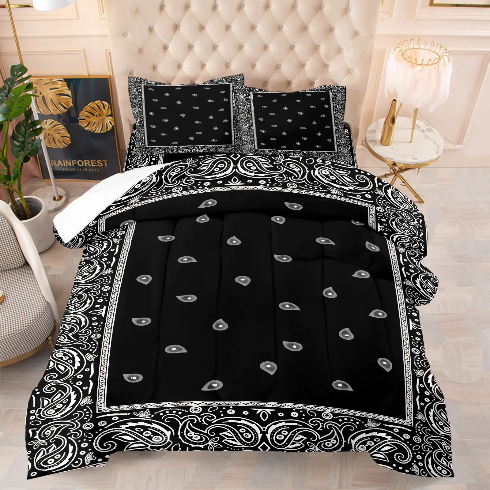 Paisley Kids Comforter Set Twin Size,Bohemian Bandana Floral Exotic Print Bedding Set for Teens Adults Bedroom Decor,Vintage Trippy Boho Duvet Insert,White Black Quilted Duvet Set with 1/2 Pillowcase