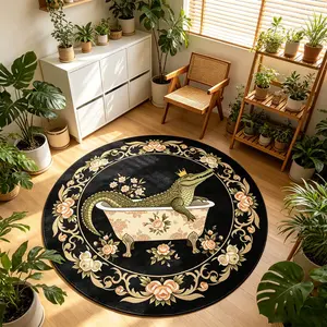 Round Boho Rug, Vintage Alligator Bath Mat, European Floral Bedroom Bedside Carpet, Luxury Decorative Floor Mat, Comfortable Home Decor, Holiday Gift