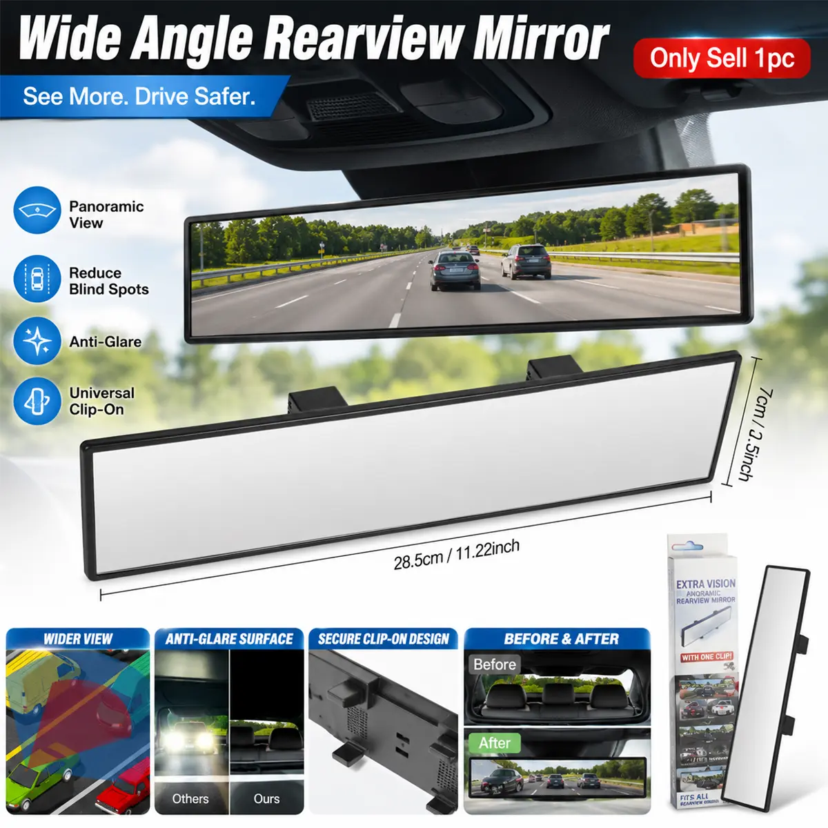 Wide Angle Rear View Mirror, Universal Clip-On Panoramic Convex Car Interior Mirror Extender with Anti-Glare Surface, Extra Big Rearview Mirror to Reduce Blind Spots for Cars, SUVs, Trucks, Daily Driving and Vehicle Accessories