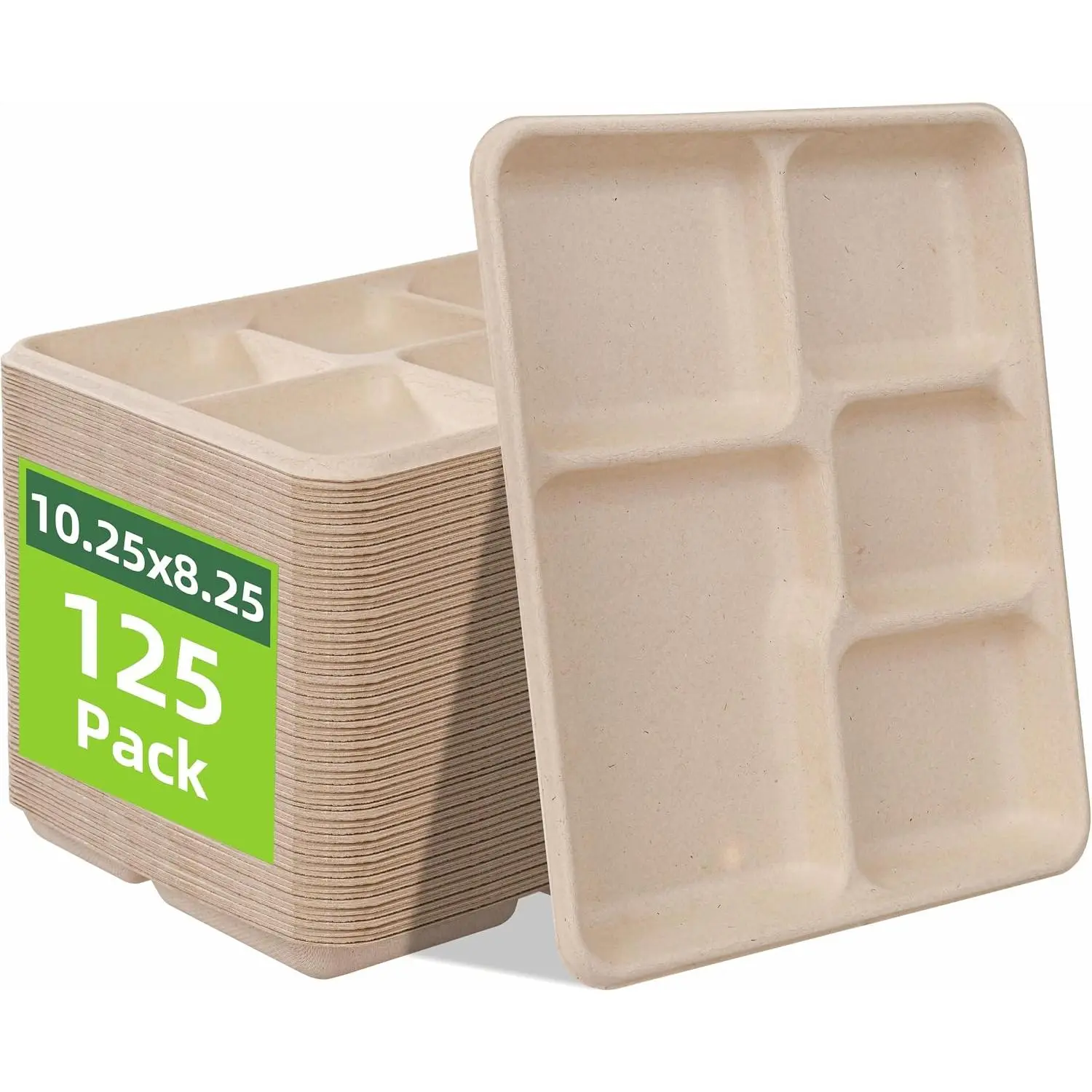 125 Pack  Small 5-Compartment Paper Plates, 10.25x8.25 Inch  Compostable Divided Plates, Disposable School Lunch Trays,  Bagasse Plate for Boys Girls and Youth ()