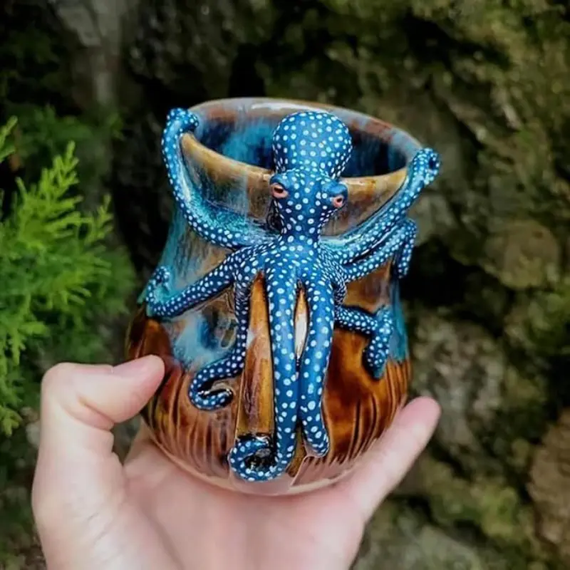 Handmade Octopus Ceramic Mug, Vintage Gradient Glaze, Oceanic Style, Large Capacity, Coffee Tea Cup, Artistic Decor, Gift for Sea Lovers