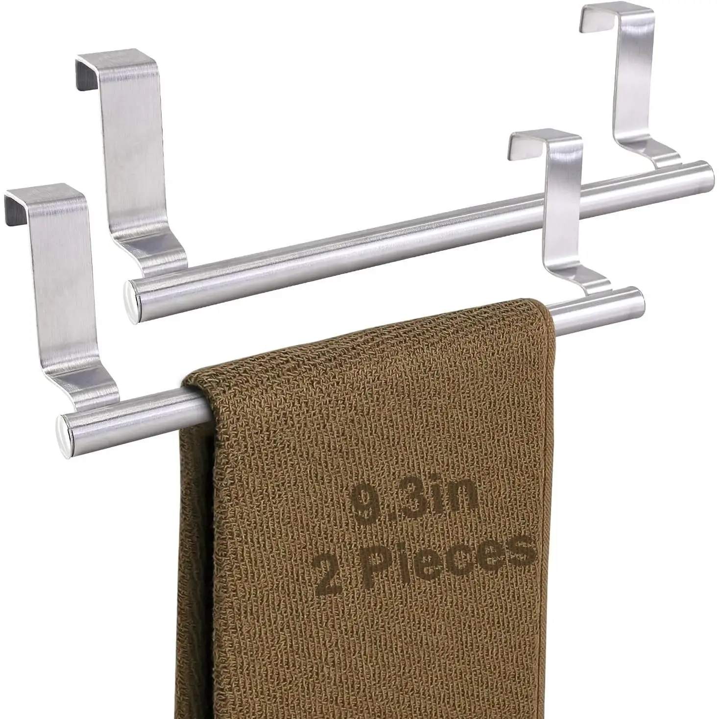 Kitchen Towel Holder, 2 Pack Over The Door Towel Rack, Over Cabinet Door Towel Bar Stainless Steel Dish Washcloth Hanger, EVA  Protective Pad & Non-Slip Self-Adhesive Blocks (9 Inch)
