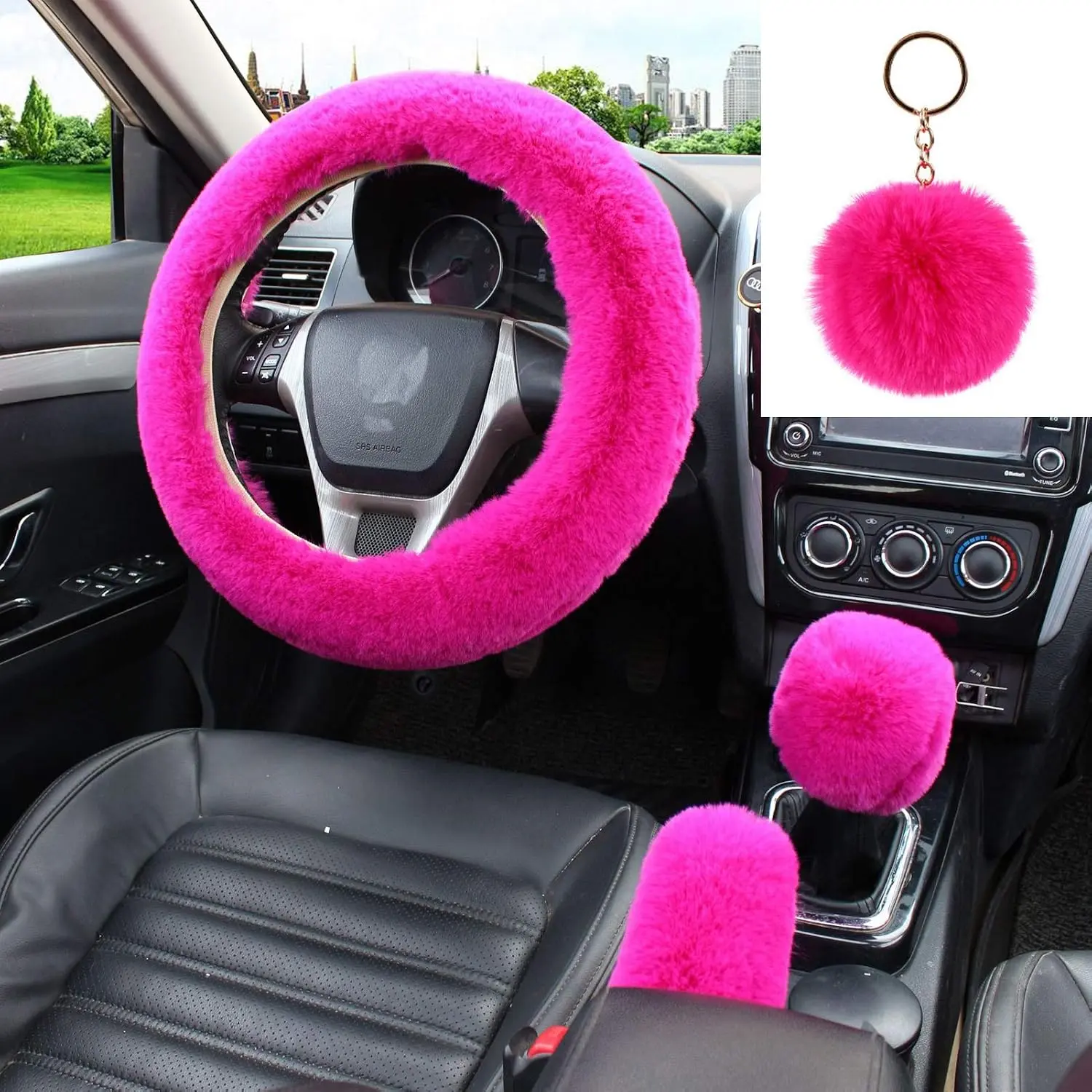 Women's 4-Piece Lightweight Soft Plush Furry Car Interior Accessory Set - Steering Wheel Protector, Handbrake Cover, Gear Shift Cover for Warmth (Rose Red)