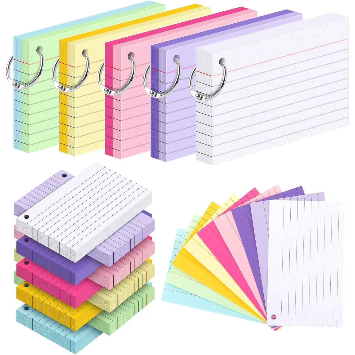 250 count Colored Index Cards 3x5 Inch with Ring, Ruled Flash Cards | 9 Color (50 Sheets Each) Heavy Note Cards for Studying, Flashcards with  Covers for Office  School Supplies