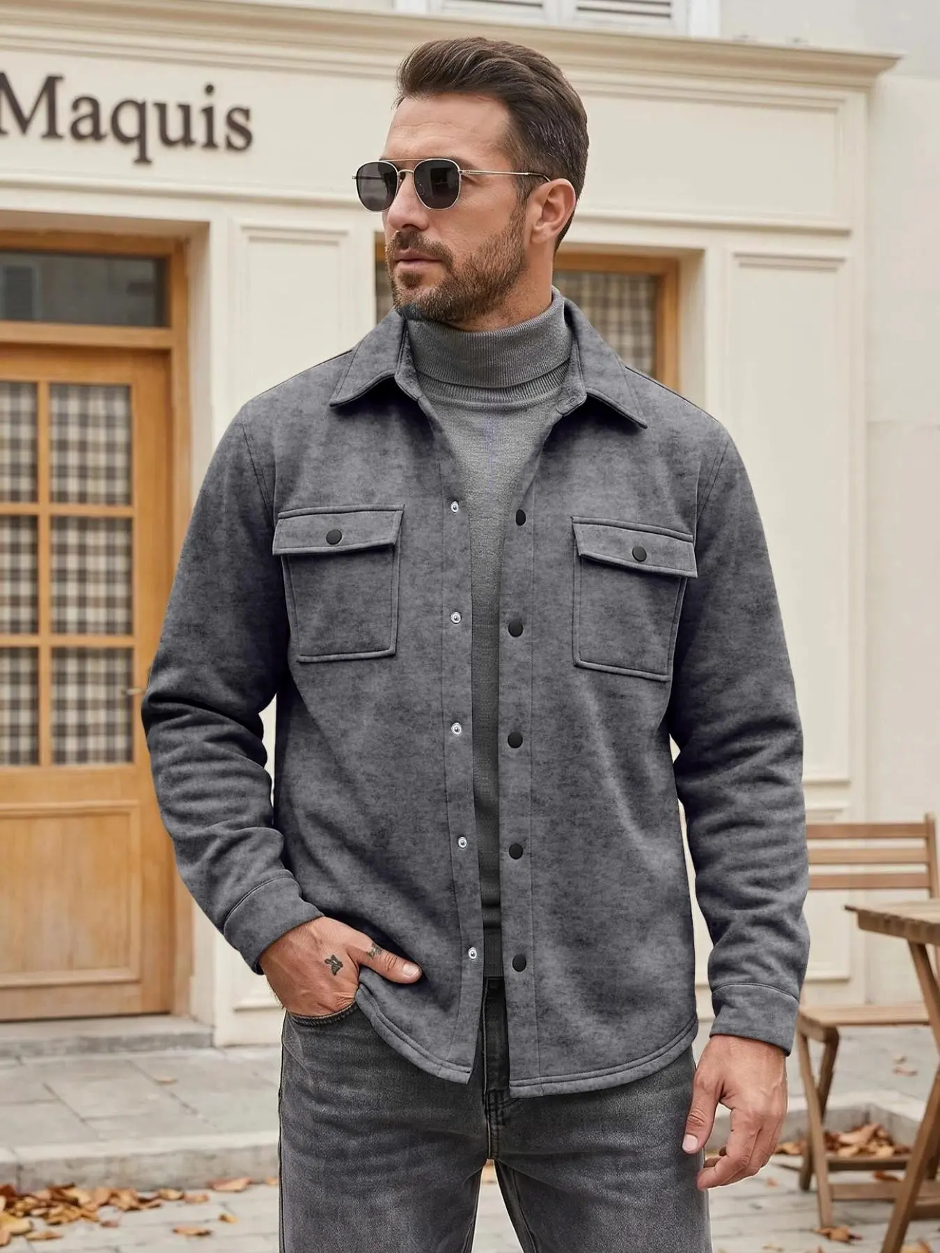 Men's Workwear Style Shirt Jacket, Button Closure Shirt, Button Front Long Sleeve Top, Dual Patch Pockets, Casual Commuter Outerwear, Spring Fall Loose Fit