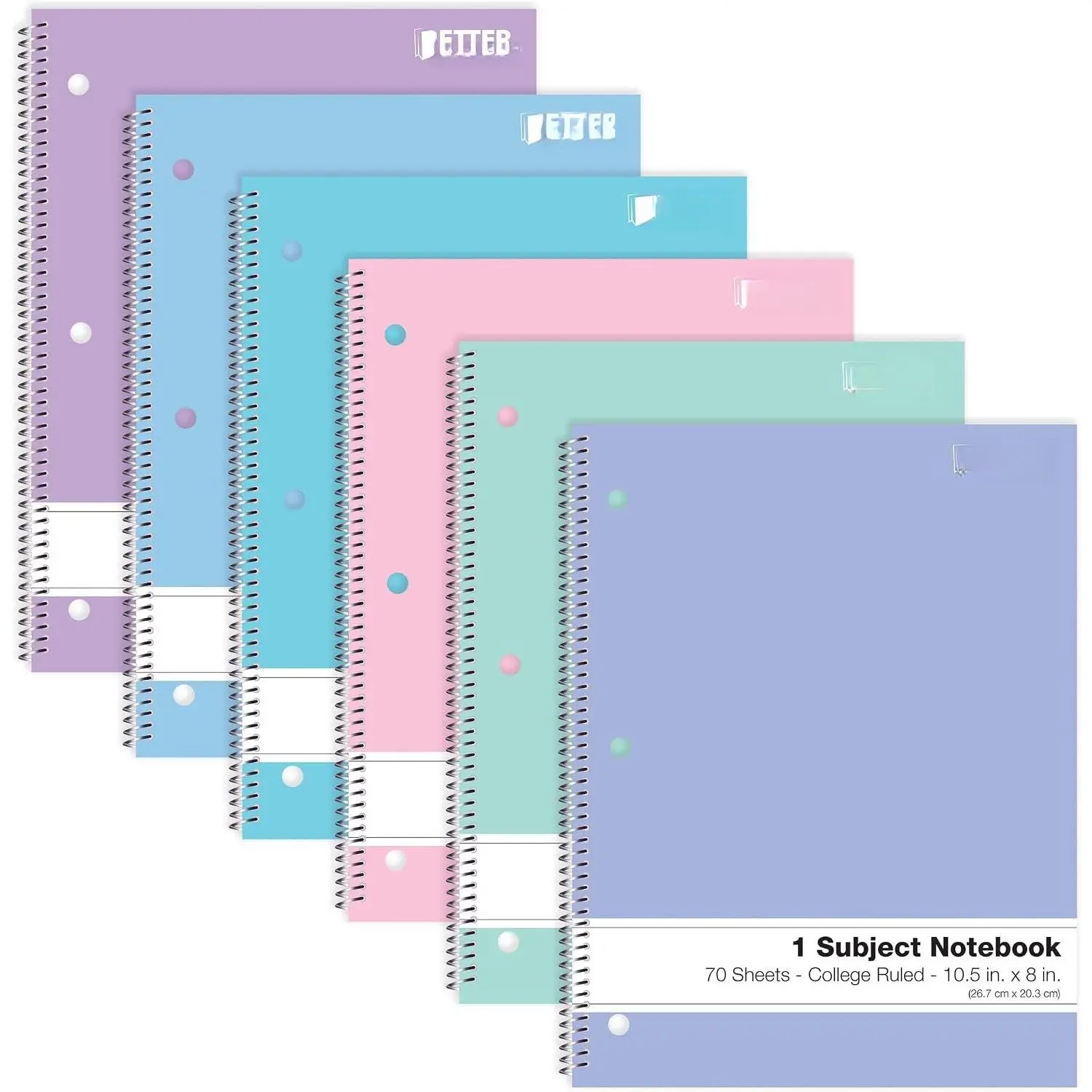 Spiral Notebooks, 6 Pack, 1 Subject, 70 Sheets, 10.5 x 8 inches, 6  Pastel Colors (College Ruled)