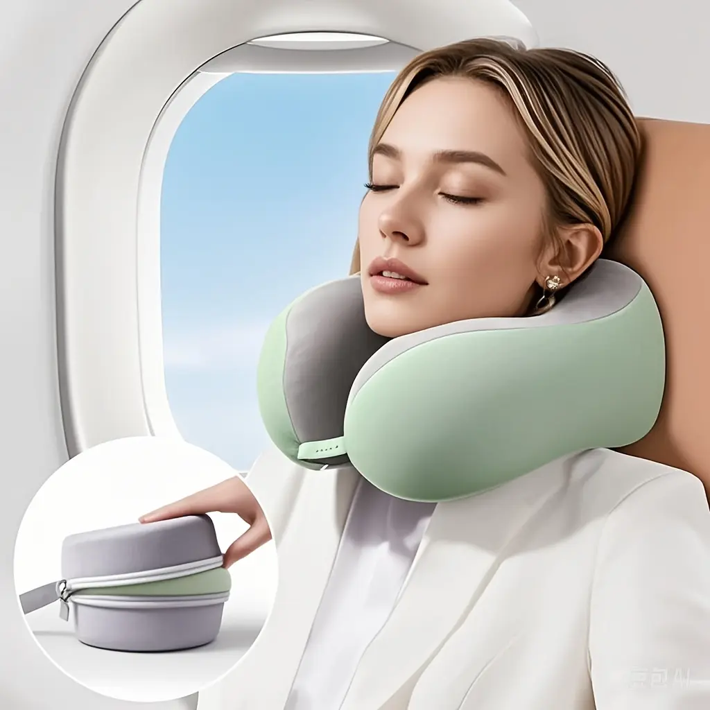 1Pc Ergonomic U‑Shaped Memory Foam Travel Neck Pillow with Storage Case, Soft Supportive Pillow for Airplane Travel Napping Office Use