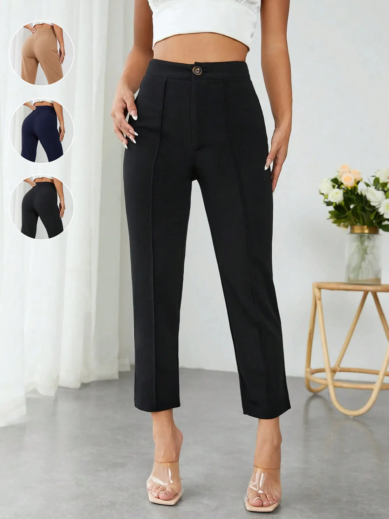Women's Casual Basic Versatile Stretch High Waist Press Crease Tapered Pants, Comfortable Office Wear, Perfect for Daily Use, Stylish and Functional