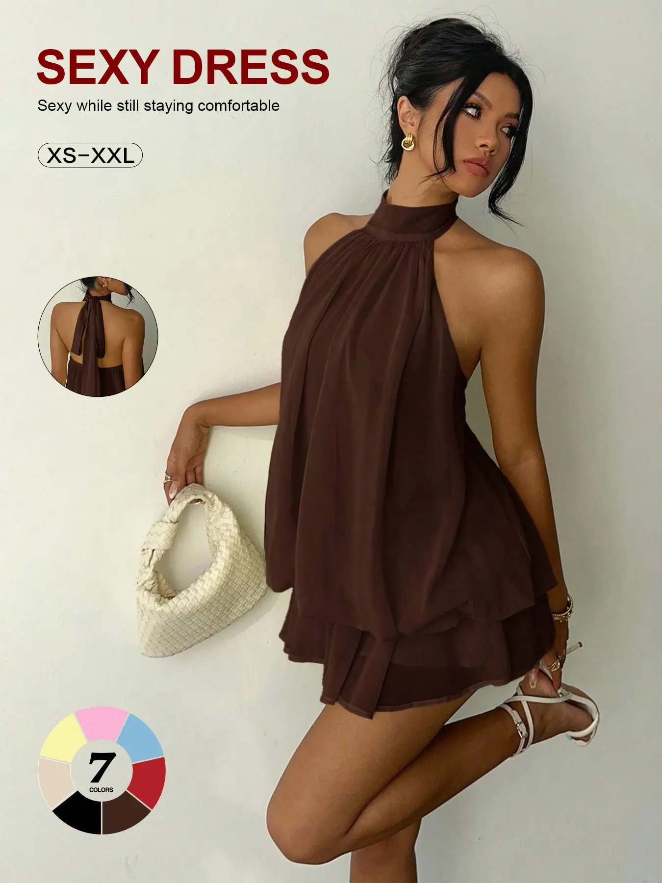 Viral Tiktok Chiffon Lightweight Chic Elegant Mini Dress, Halter Neck Sleeveless Open Back, Loose Flattering Elegance Style, Double-Layered Ruffled Hem, Perfect for Dates or Vacations, Sleeveless Backless Dress