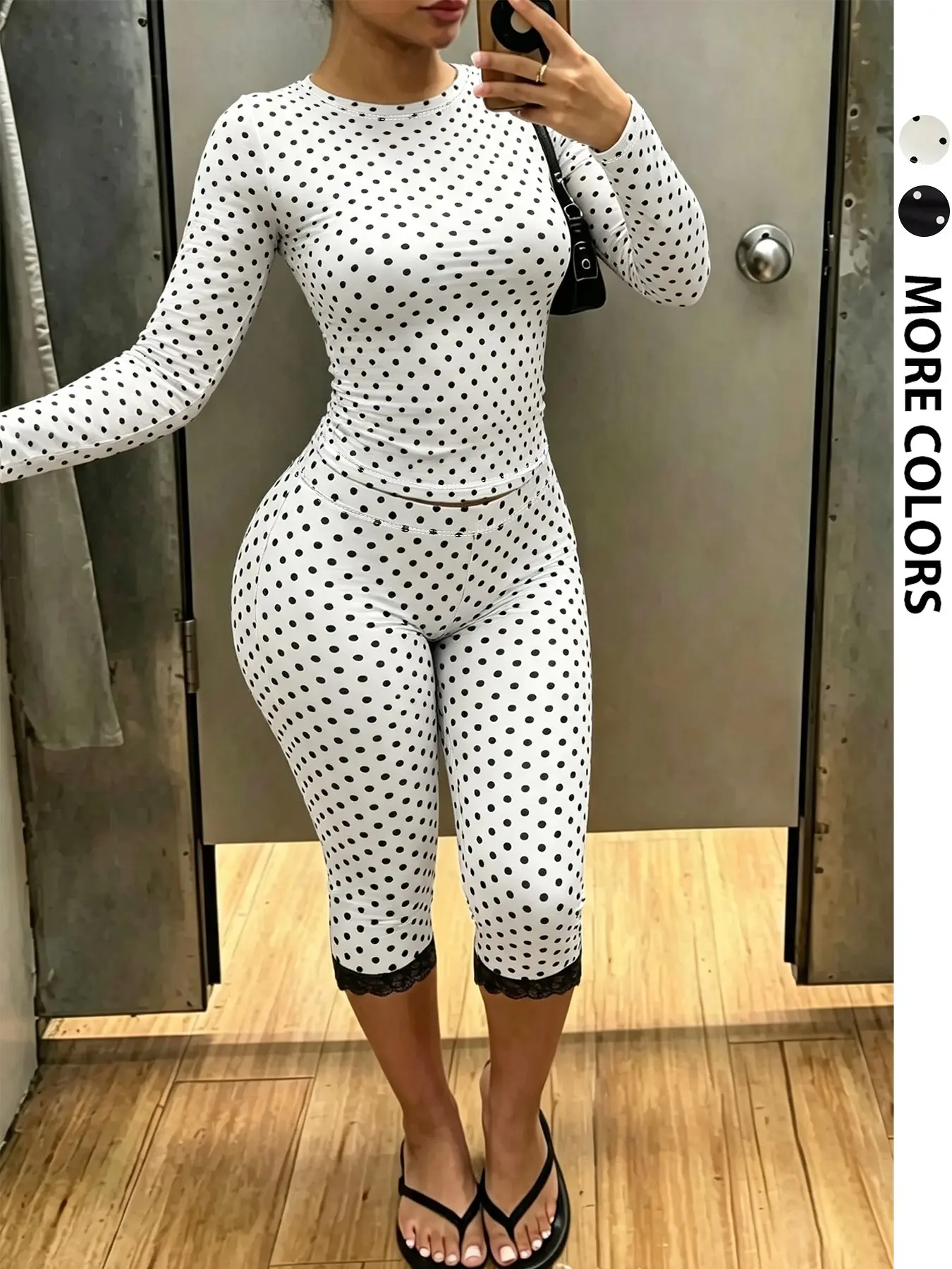 Women Casual Two‑Piece Co‑ords Matching Set, Crew‑Neck Long Sleeve Polka‑Dot Fitted Crop Top Lace‑Trim Capri Cropped Pants Y2K Coquette Outfit, Swanny Pants, Autumn Outfits Women, Fall Streetwear Tracksuit for Holiday Daily