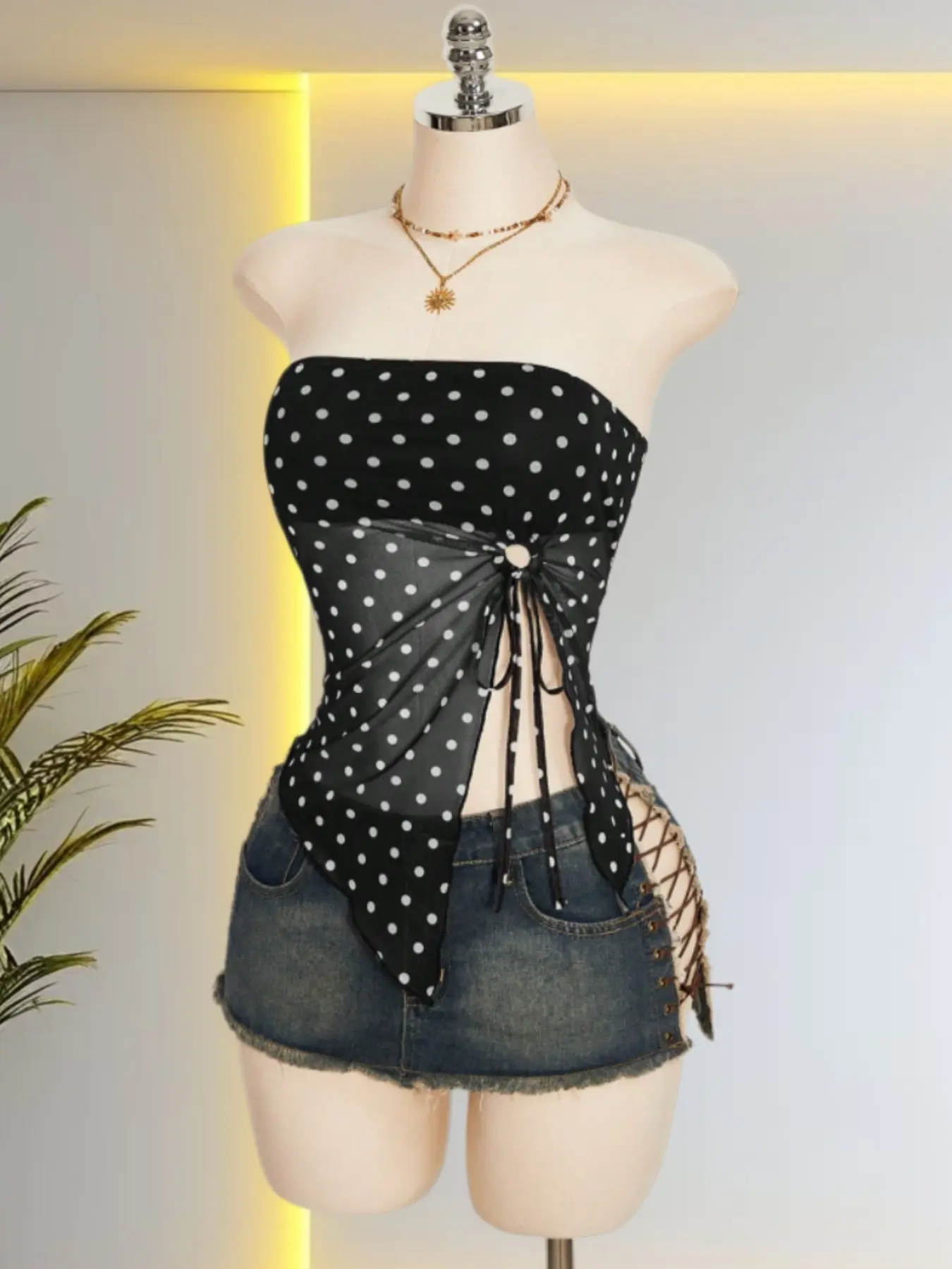 Vintage Punk Mesh Crop Top, Waist Side Metallic Buckle Drawstring Split Hem, Asymmetrical Low Back Short Shirt, Bold Streetwear Style, Clothes