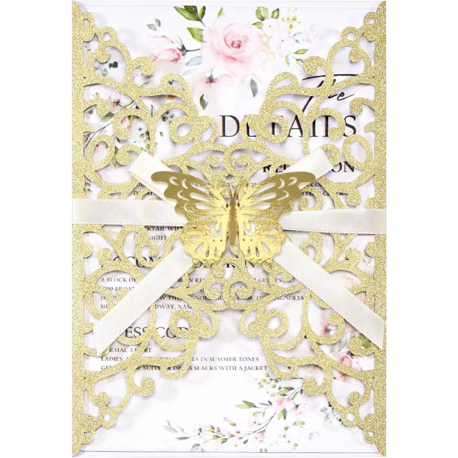 50PCS Gold Wedding Invitations with Envelopes and RSVP Cards Glitter Laser Cut Personalized Invitation Sleeves with Butterfly Ribbons Decoration for Baby Bridal Shower QuinceañEra Engagement Anniversary (Blank Inner Sheet No Patterns or Text)
