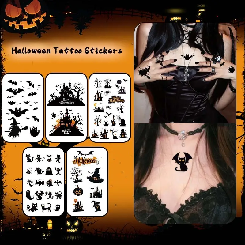 Halloween Temporary Tattoos, Pumpkin Bat Moon Spider Cat Witch Hat Ghost, Waterproof Long-Lasting, for Face Hands Arms Legs Chest Clavicle