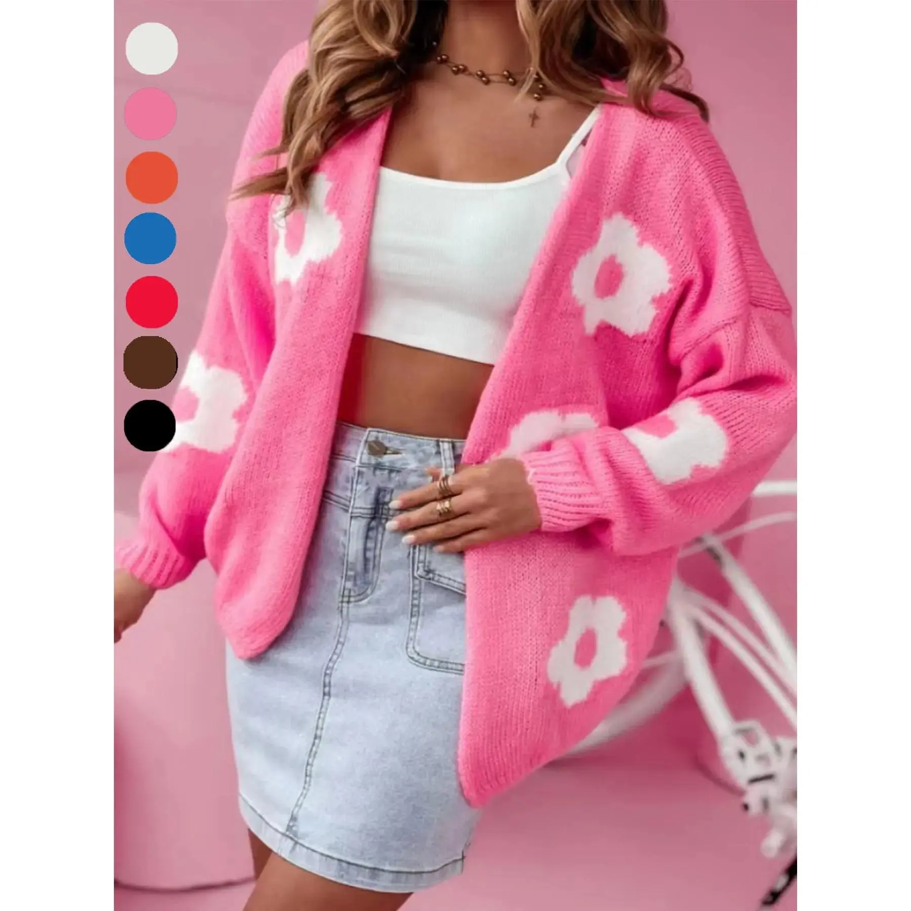 Plus Size Floral Print Drop Shoulder Loose Cardigan, Casual Long Sleeve Open Front Knitwear for Fall & Winter, Women's Plus Clothing for Daily Wear