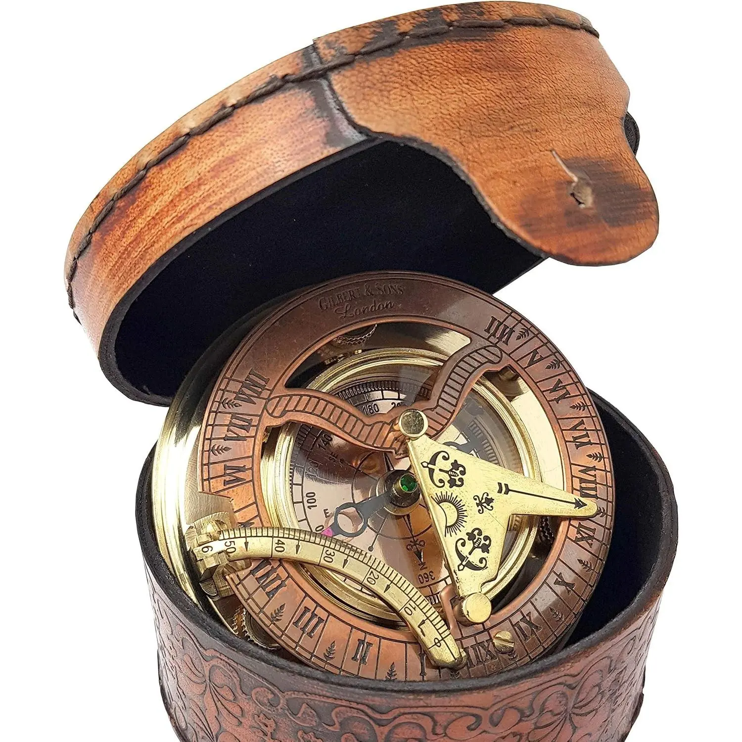 Brass Nautical Antique Brass & Copper Sundial Compass, Vintage Nautical Ship Replica Sundial Clock with Gift Box, Portable Sun Watch for Collection Gift