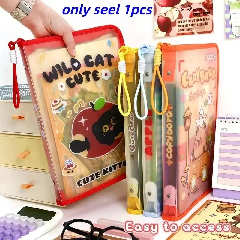 Cute Cartoon Waterproof Zipper File Bag, A4 Large Capacity Handheld Document Case, File Storage, Smooth Zippers, Office Supplies Organizer