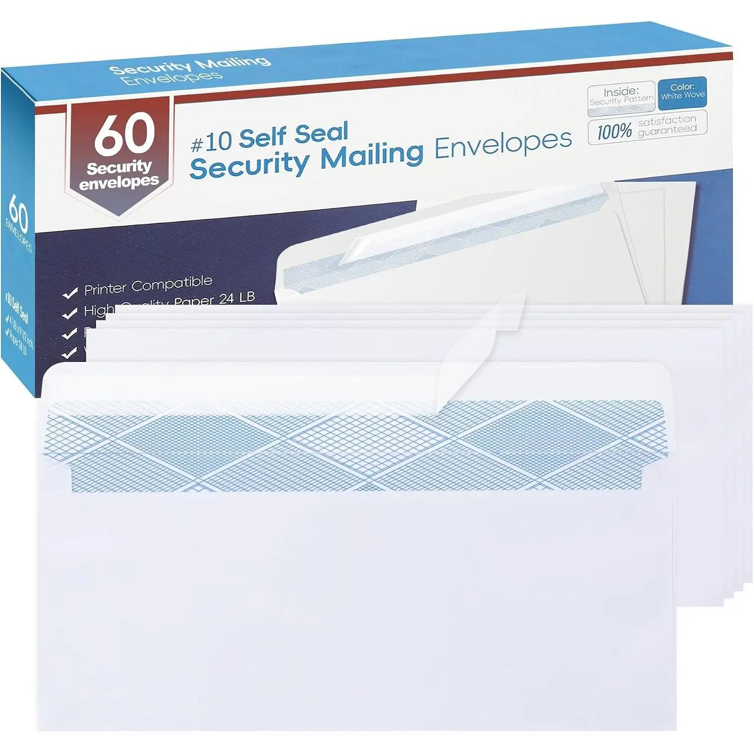 60 Pack #10 Self Seal Business Envelopes - 4 1/8 x 9 1/2 Inch, 24LB White Security Mailing Envelopes, No Window