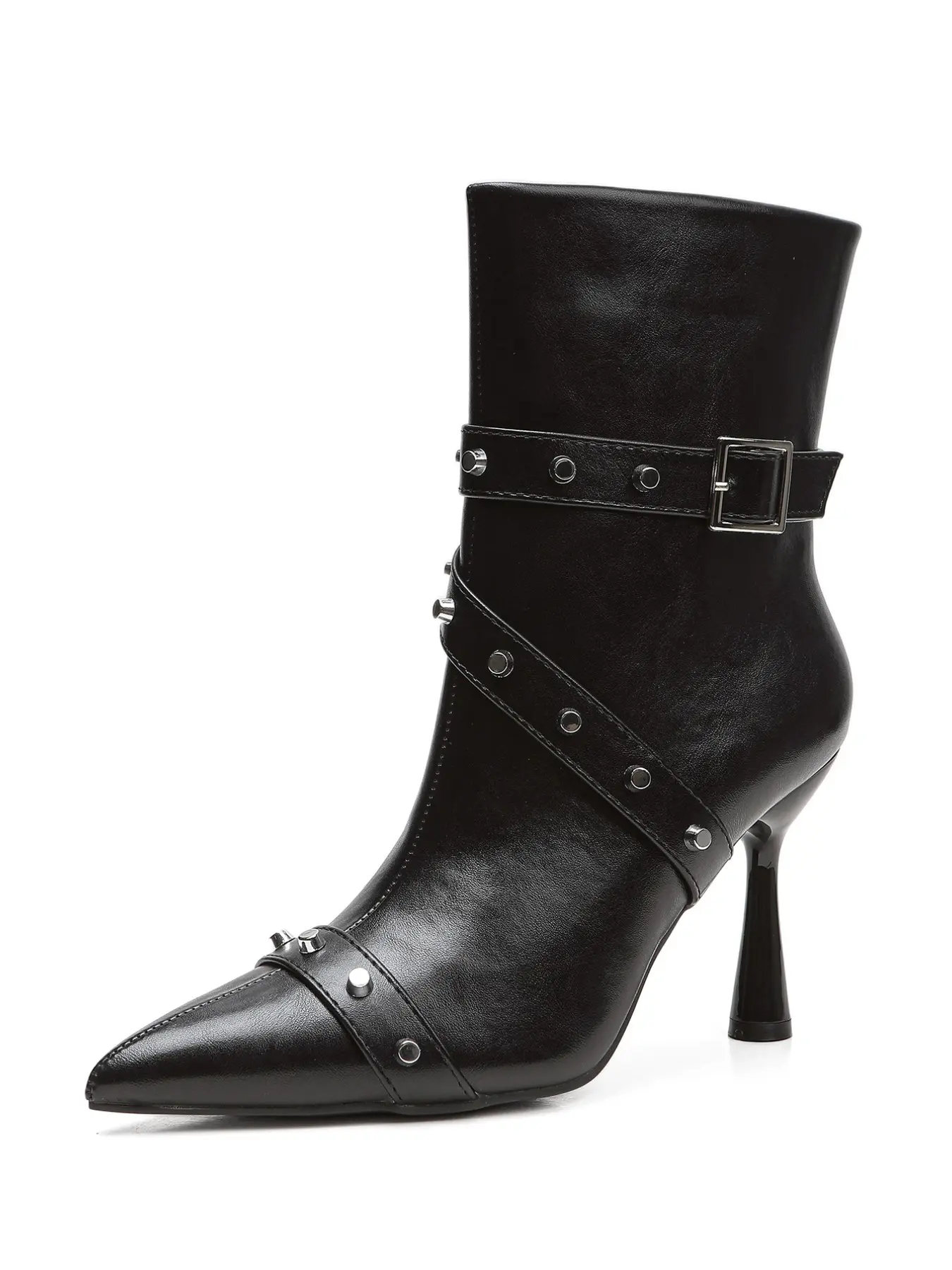 Women Smooth Faux Leather Rivet Decor Mid Calf Boots, Pointed Toe Flare Stiletto High Heel Booties With Multi Metal Strap & Square Buckle, Punk Goth Y2K Retro Edgy Elegant Dress Boots, Leg Slimming Heeled Boots For Fall Winter Club Party Night Out Daily S