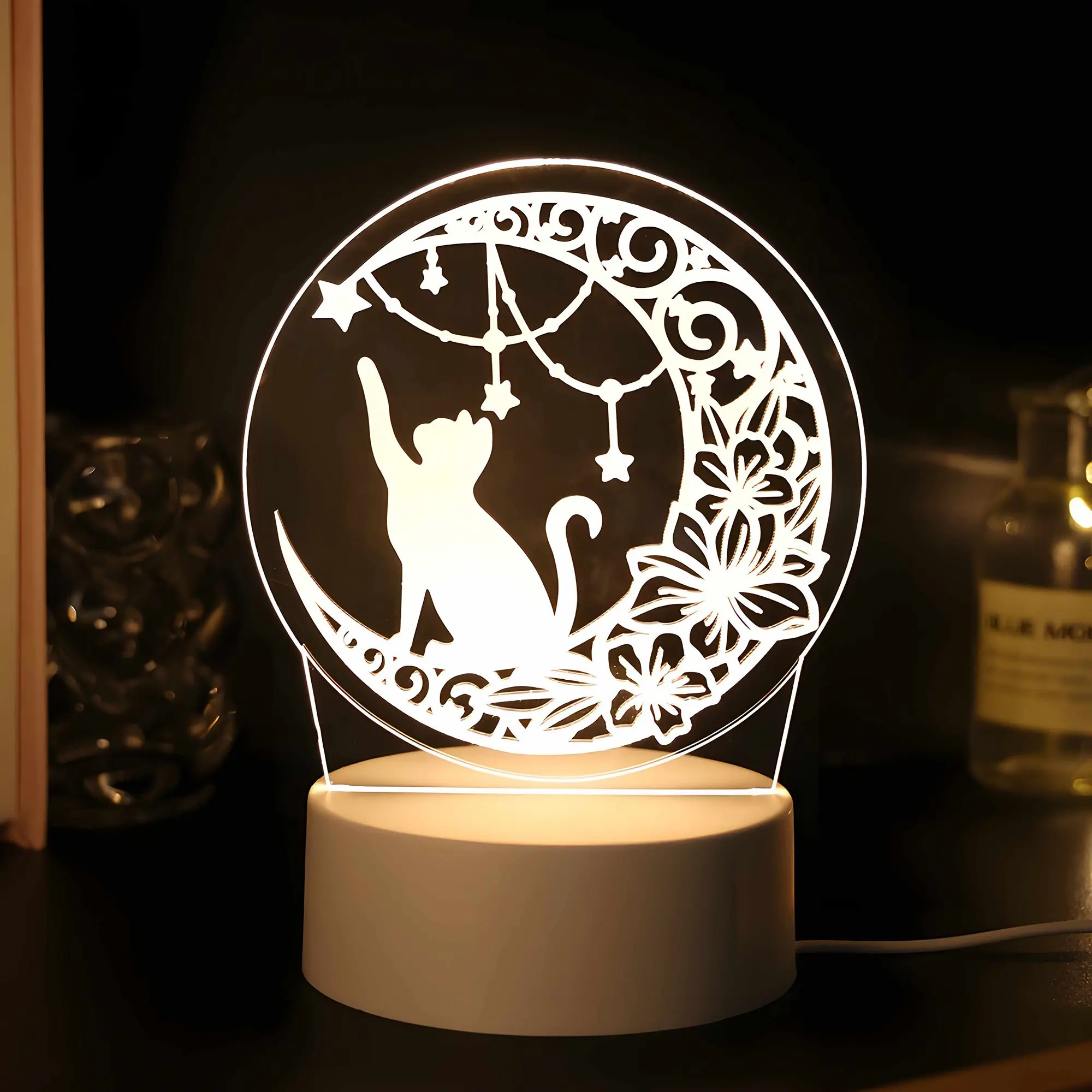 Moon Cat Star Pattern Night Light, Bedroom Bedside Lamp, Home Decor Night Light, Desktop Decoration, Creative Night Light, Atmosphere Decor Lamp