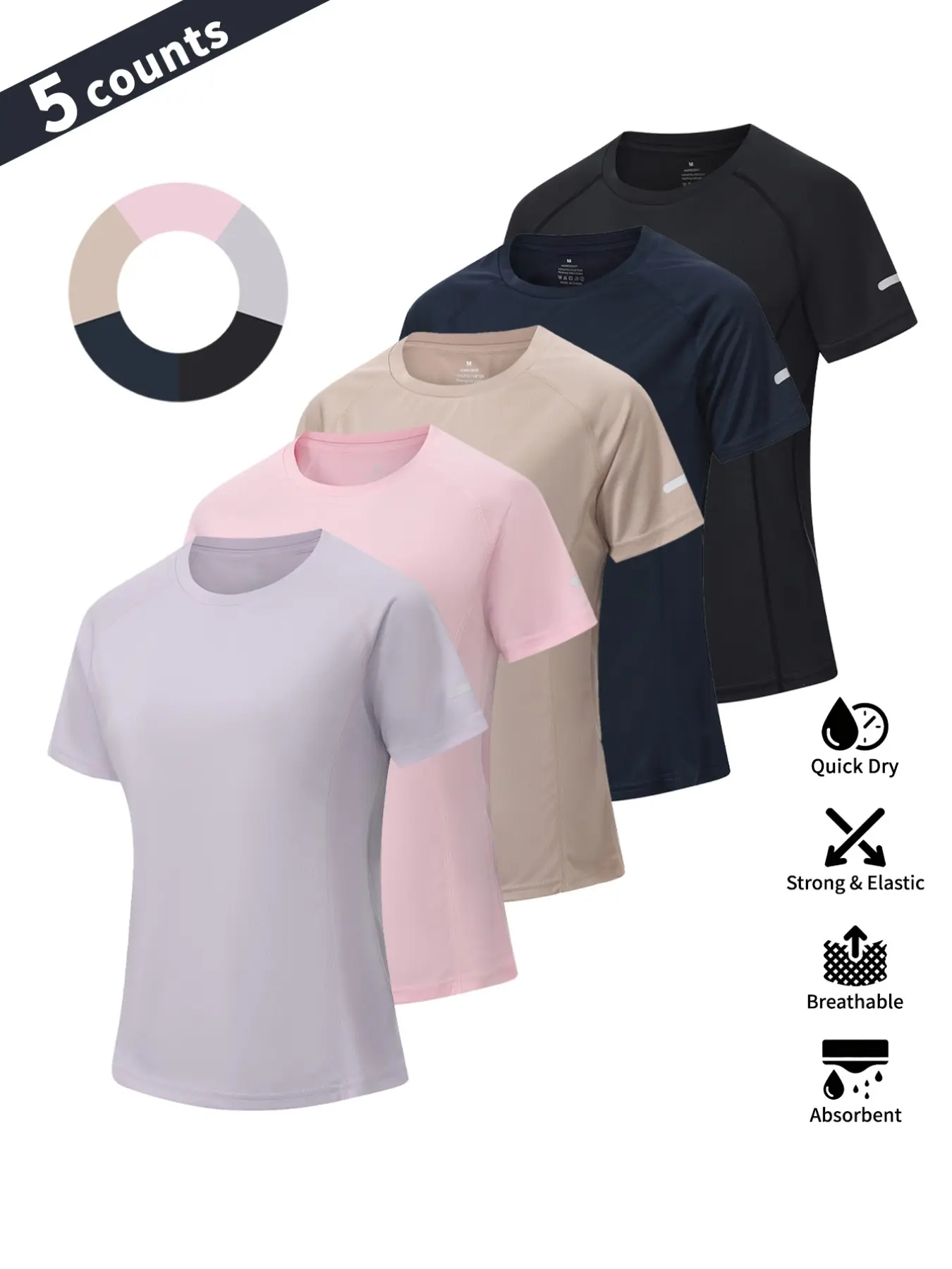 Women's Sporty Plain Color T-Shirt, Slim-Fit Round Neck Short Sleeve, Reflective Trim, Ideal for Yoga, Running, Outdoor Activities, Dry Fit Activewear