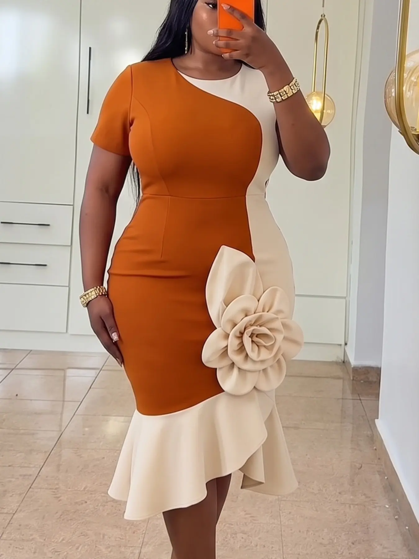 Plus Size Women's Fashion Colorblock Slim Fit Round Neck 3D Flower Fitted Mermaid Dress, Chic Elegant Formal, Perfect for Formal Parties, Church Events, Office, Weddings